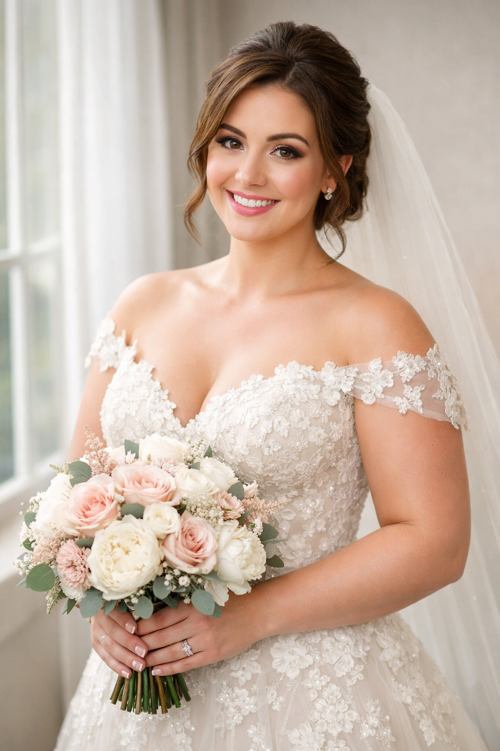 Classic bridal makeup with soft pink tones and elegant styling